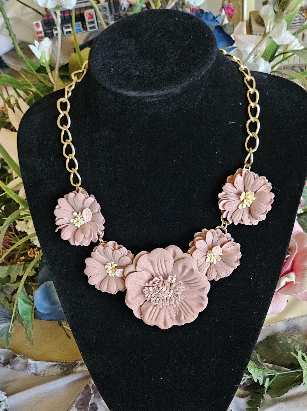 Dusty Rose Faux Suede Floral Statement Necklace | Gold-Tone Chain